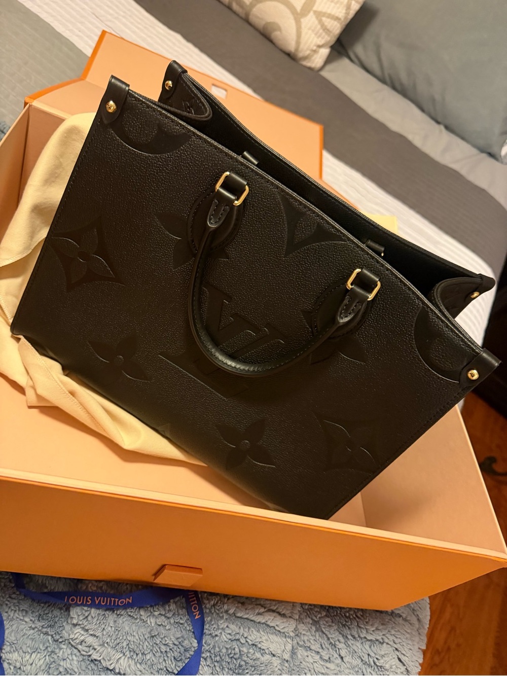 Louis Vuitton Black Embossed Monogram Leather Tote with Gold Hardware